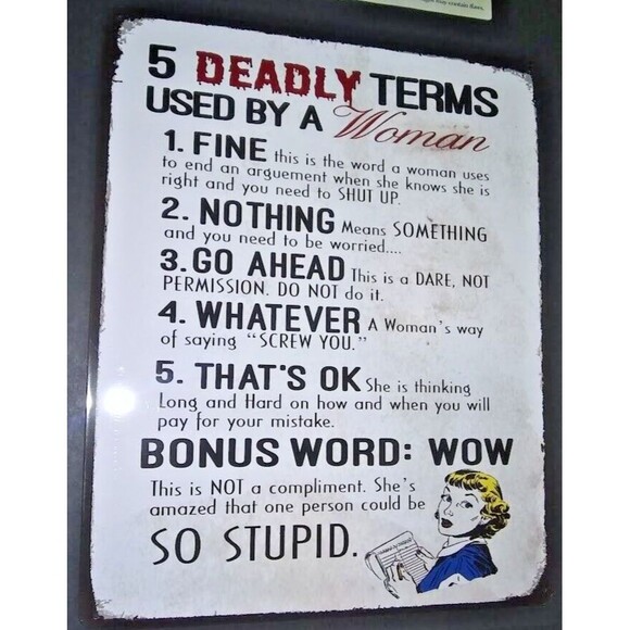 Deadly Terms Used By A Woman Tin Metal Sign Man Cave Garage Humor Decor 12"x15" - Picture 2 of 4